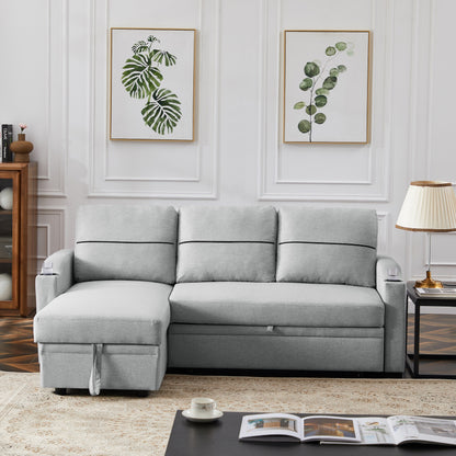 Grey 81.9 Fabric Sofa with Chaise Lounge, Wooden Frame, Storage, and Rubber Wheels