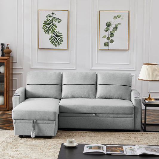 Grey 81.9 Fabric Sofa with Chaise Lounge, Wooden Frame, Storage, and Rubber Wheels