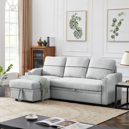Grey 81.9 Fabric Sofa with Chaise Lounge, Wooden Frame, Storage, and Rubber Wheels