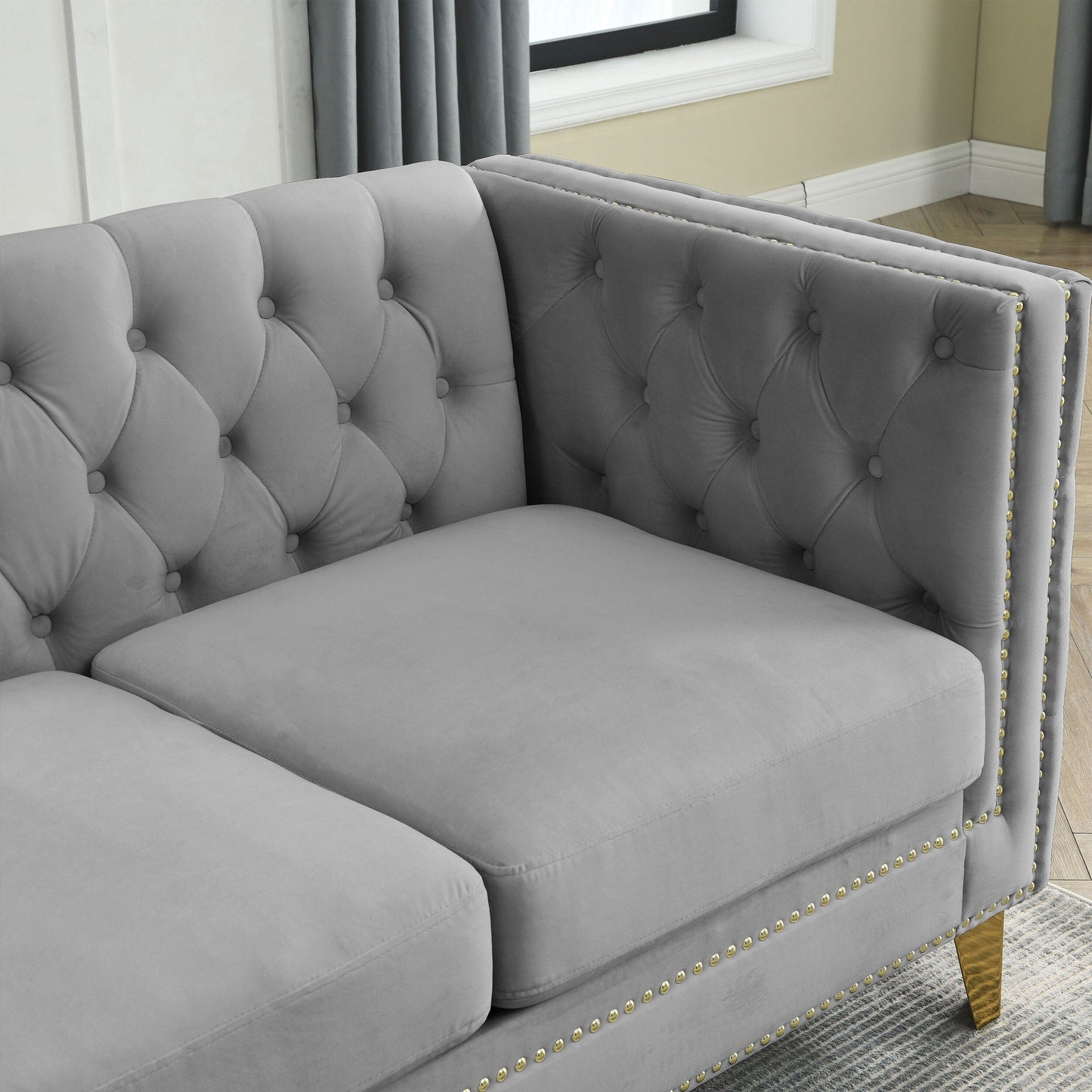Grey 82.2 Velvet L-Shaped 5-Seater Corner Sectional with Nailhead Trim, Metal Legs, and 3 Cushions