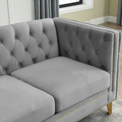 Grey 82.2 Velvet L-Shaped 5-Seater Corner Sofa with Nailhead Trim, Metal Legs, and Foam Cushions
