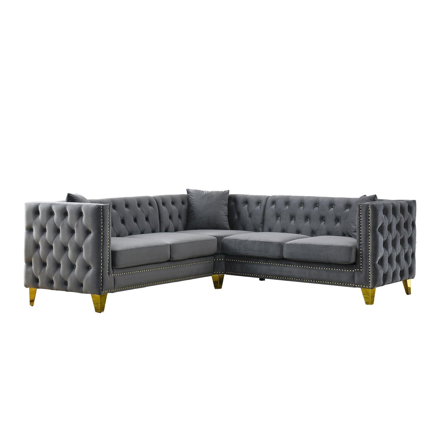 Grey 82.2 Velvet L-Shaped 5-Seater Corner Sofa with Nailhead Trim, Metal Legs, and Foam Cushions