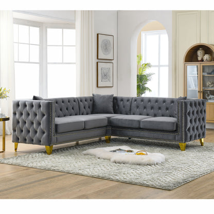 Grey 82.2'' Velvet 5-Seater L-Shaped Corner Sectional Sofa with Nailhead Trim, Metal Legs, and Foam Cushion