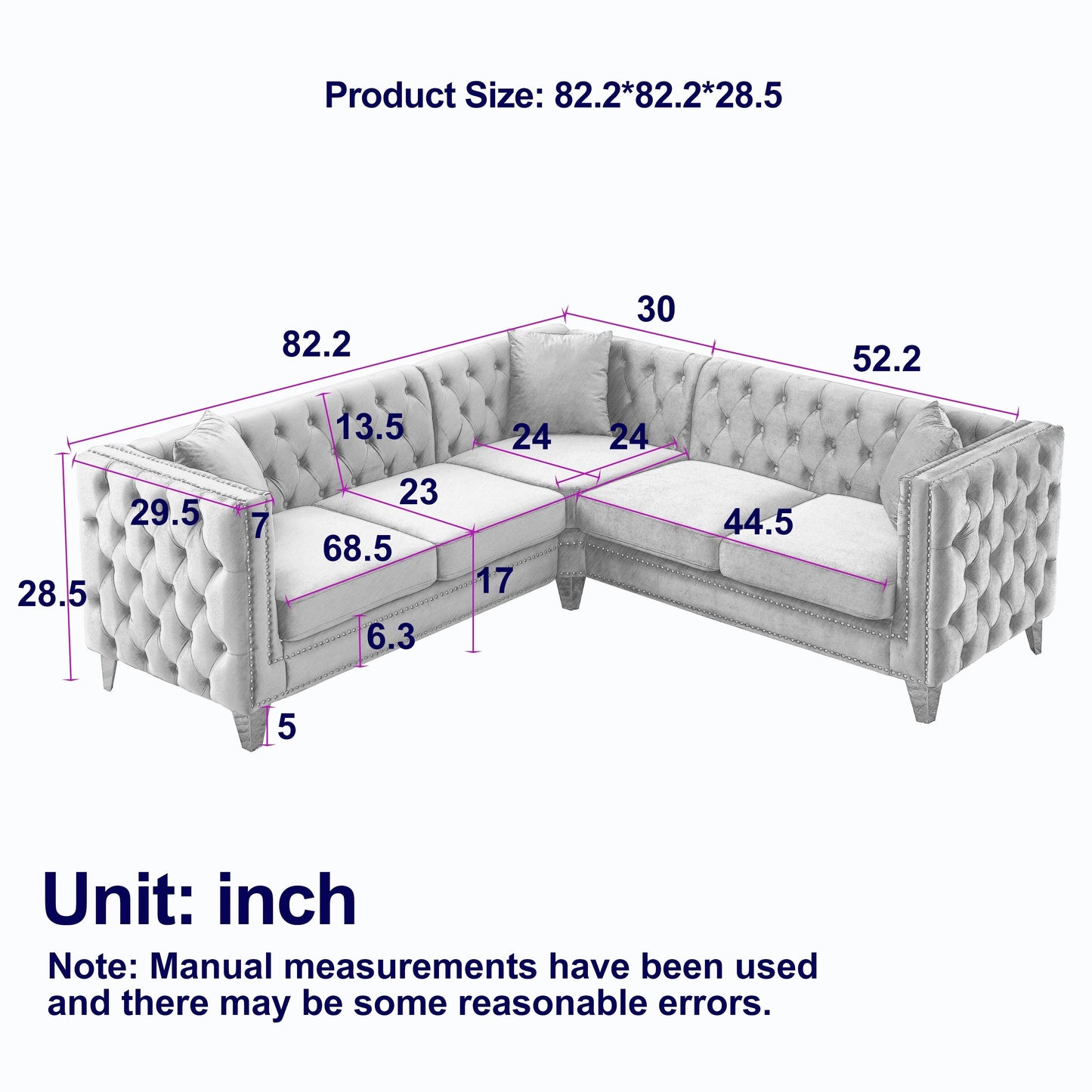 Grey 82.2'' Velvet 5-Seater L-Shaped Corner Sectional Sofa with Nailhead Trim, Metal Legs, and Foam Cushion