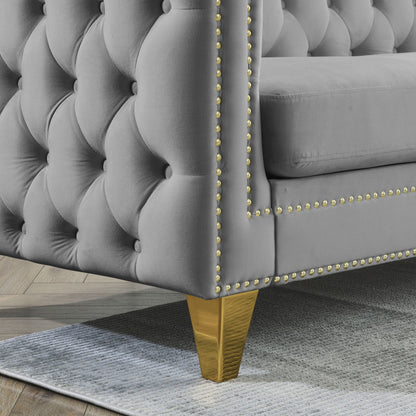 Grey 82.2'' Velvet Corner Sectional Sofa with Metal Legs, Foam Cushioning, and Nailhead Detailing