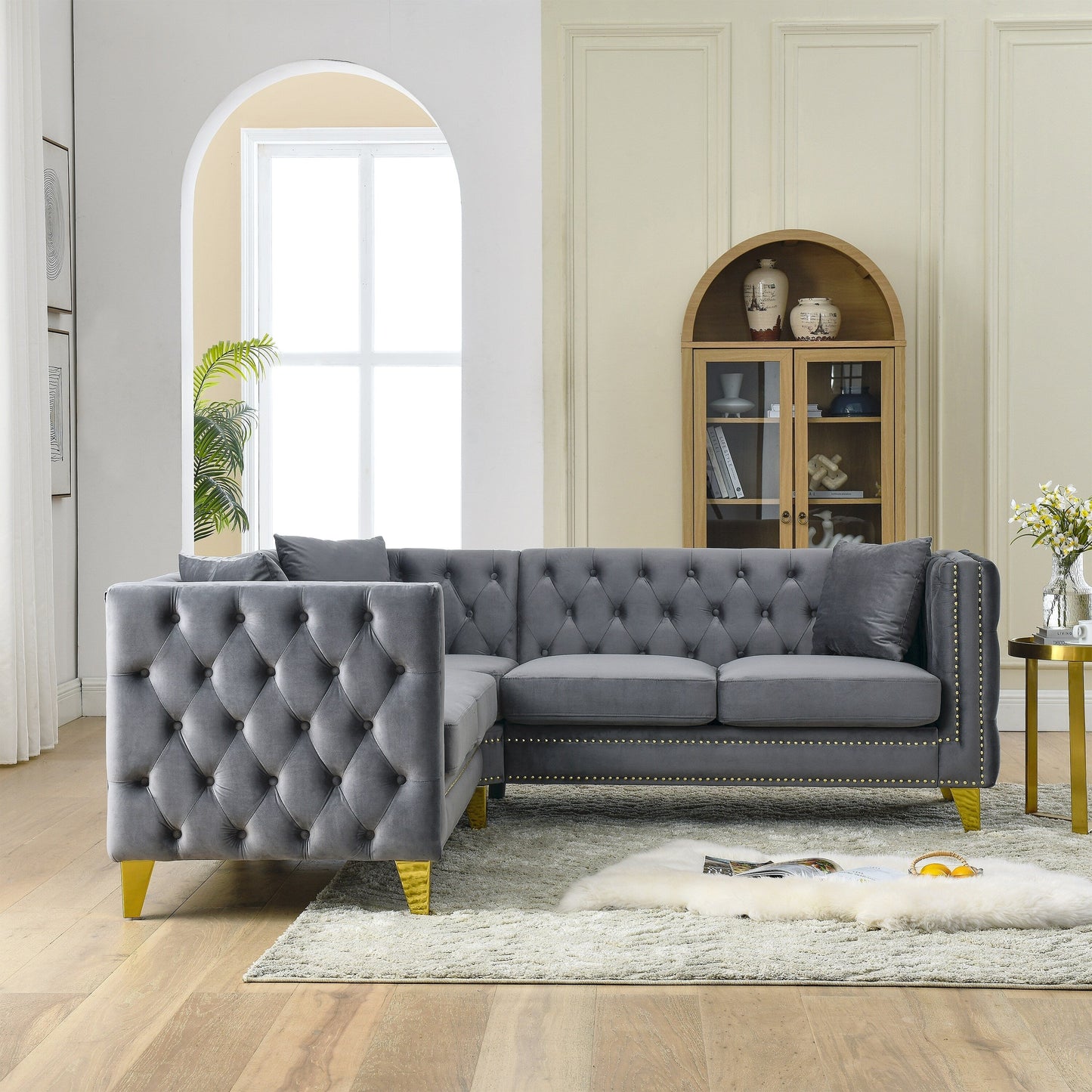 Grey 82.2'' Velvet Corner Sectional Sofa with Metal Legs, Foam Cushioning, and Nailhead Detailing