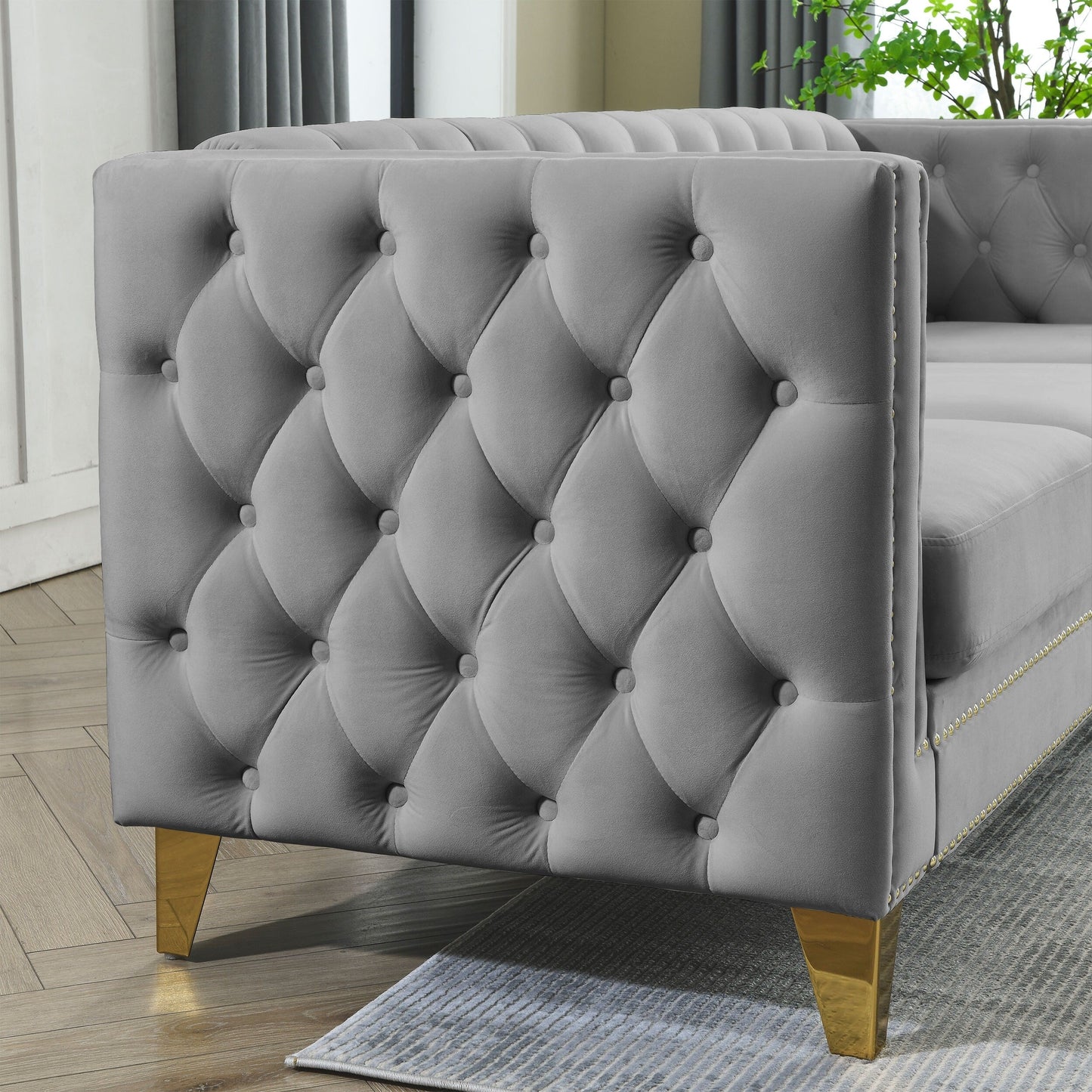 Grey 82.2'' Velvet L-Shaped 5 Seater Corner Sectional Sofa Couch with Nailhead, Metal Legs, and 3 Cushions for Living Room