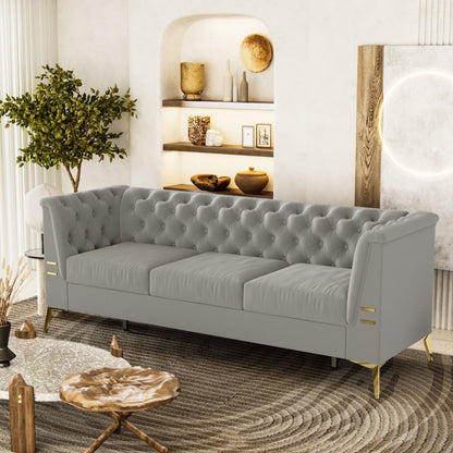 Grey 82'' Velvet 3-Seater Chesterfield Sofa with Gold Metal Legs and High Rebound Sponge