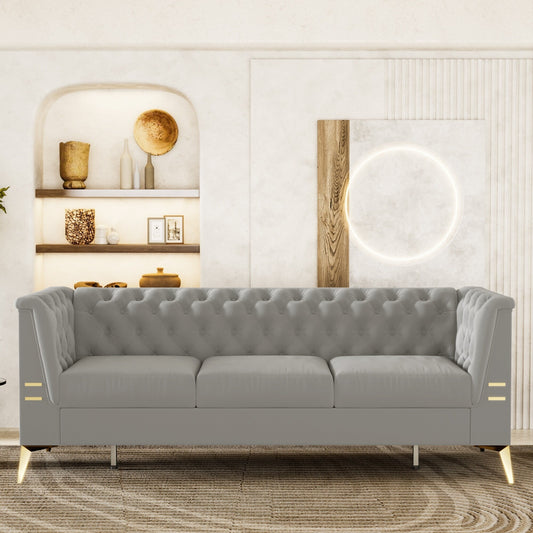 Grey 82'' Velvet 3-Seater Chesterfield Sofa with Gold Metal Legs, High Rebound Sponge, and Removable Cushions