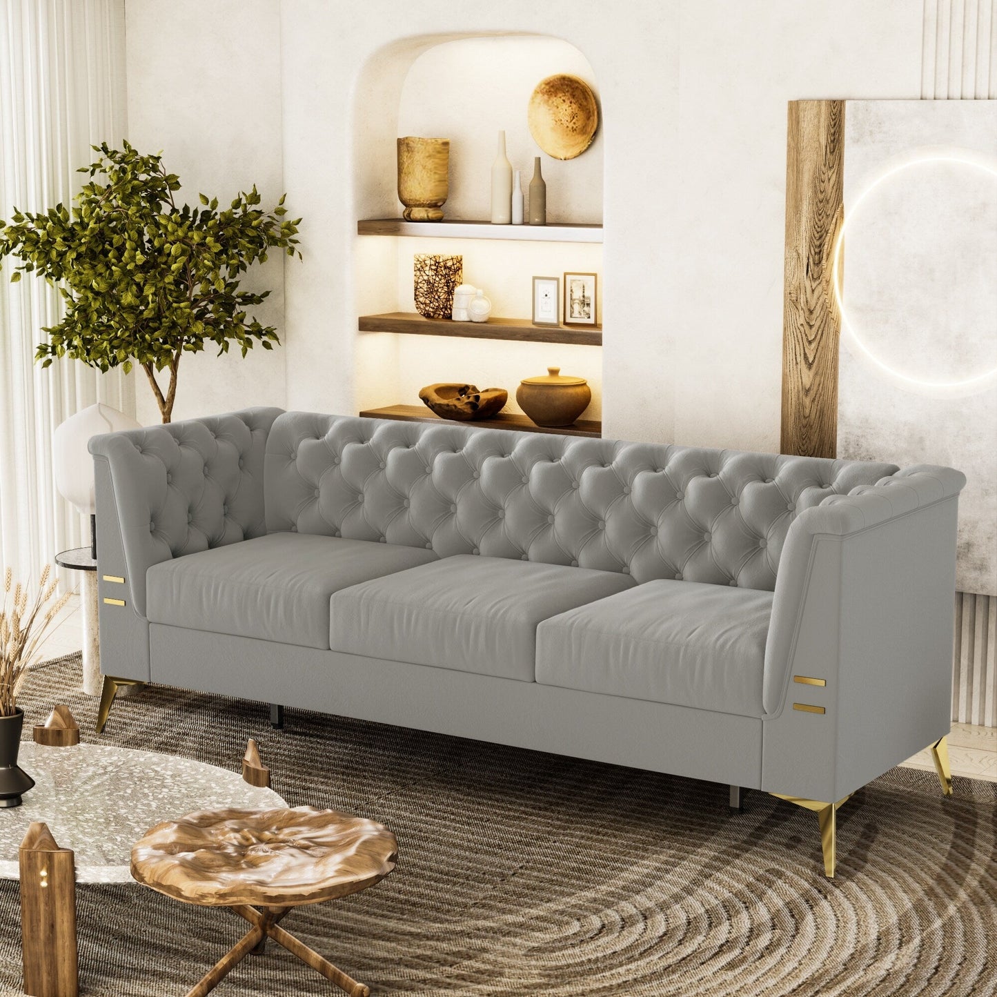 Grey 82'' Velvet 3-Seater Chesterfield Sofa with Gold Metal Legs, High Rebound Sponge, and Removable Cushions