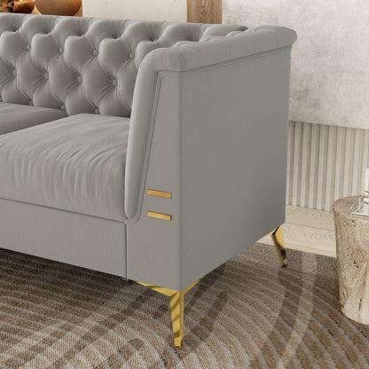 Grey 82'' Velvet 3-Seater Chesterfield Sofa with Gold Metal Legs, High Rebound Sponge, and Removable Cushions