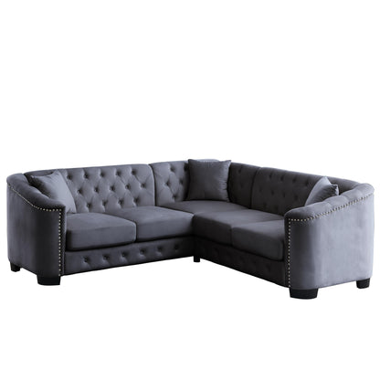 Grey 82'' Velvet Chesterfield L-Shaped Corner Sofa with 3 Pillows, Removable Cushions, and Nailhead Trim