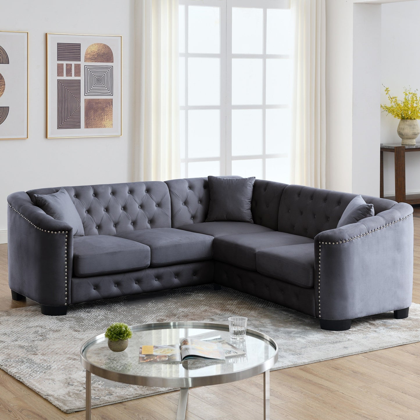 Grey 82'' Velvet Chesterfield L-Shaped Corner Sofa, 5-Seater with Nailhead Trim, Removable Cushions, and Solid Wood Frame