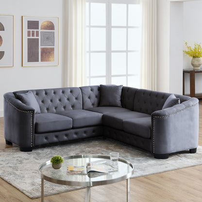 Grey 82'' Velvet Chesterfield L-Shaped Corner Sofa, 5-Seater with Nailhead Trim, Removable Cushions, and Solid Wood Frame