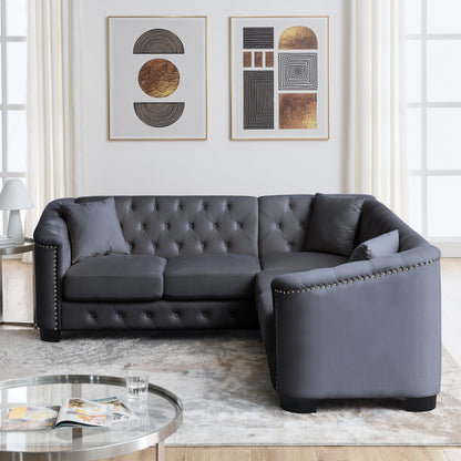 Grey 82'' Velvet Chesterfield L-Shaped Corner Sofa, 5-Seater with Nailhead Trim, Removable Cushions, and Solid Wood Frame