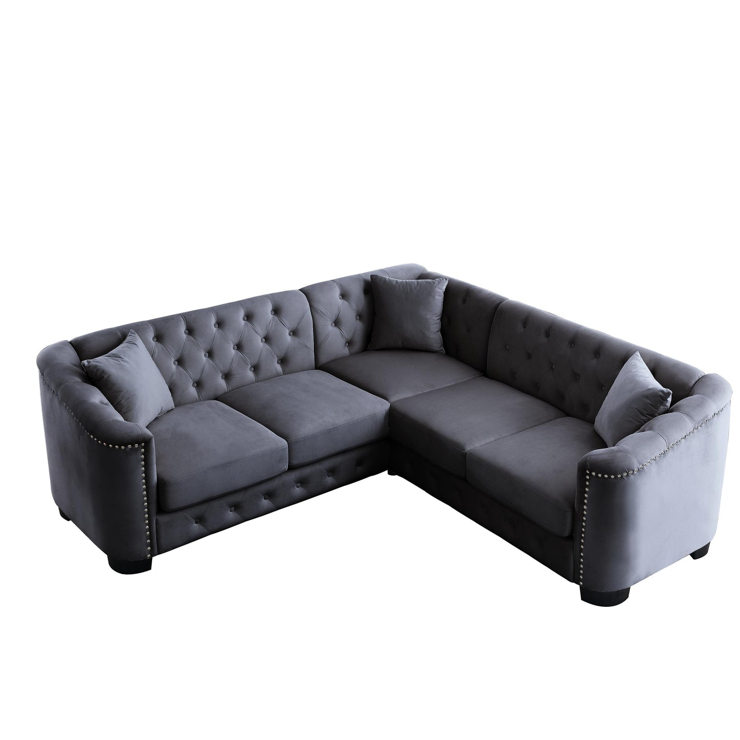Grey 82'' Velvet Chesterfield L-Shaped Corner Sofa, 5-Seater with Nailhead Trim, Removable Cushions, and Solid Wood Frame