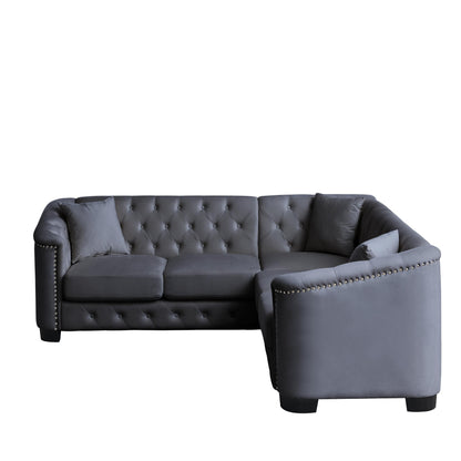 Grey 82'' Velvet Chesterfield L-Shaped Corner Sofa, 5-Seater with Nailhead Trim, Removable Cushions, and Solid Wood Frame