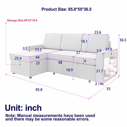 Grey 85.8'' Fabric L-Shaped Sleeper Sofa with Storage Chaise, USB Port, Pull-Out Bed, and Storage Shelves