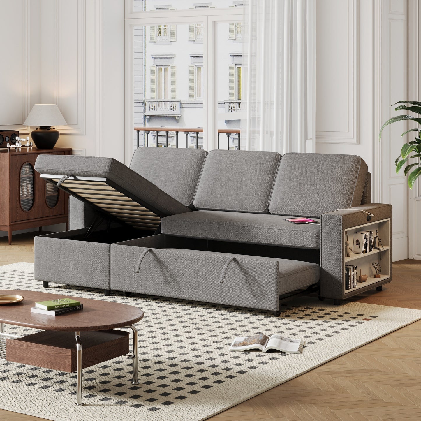 Grey 85.8'' Fabric L-Shaped Sleeper Sofa with Storage Chaise, USB Port, Pull-Out Bed, and Storage Shelves