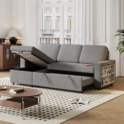 Grey 85.8'' Fabric L-Shaped Sleeper Sofa with Storage Chaise, USB Port, Pull-Out Bed, and Storage Shelves