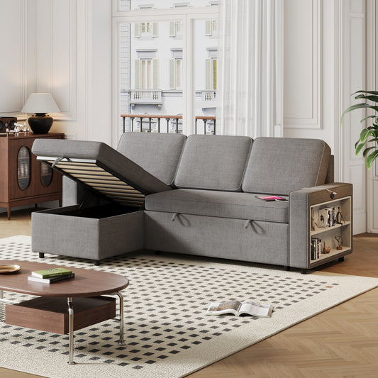 Grey 85.8'' Fabric L-Shaped Sleeper Sofa with Storage Chaise, USB Port, Pull-Out Bed, and Storage Shelves