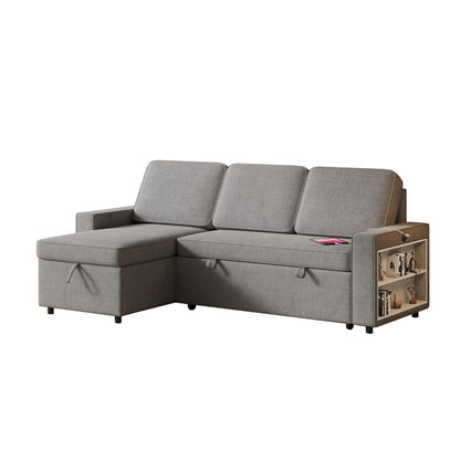 Grey 85.8'' Fabric L-Shaped Sleeper Sofa with Storage Chaise, USB Port, Pull-Out Bed, and Storage Shelves
