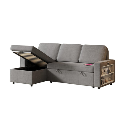 Grey 85.8'' Fabric L-Shaped Sleeper Sofa with Storage Chaise, USB Ports, Pull-Out Bed, and Storage Shelves