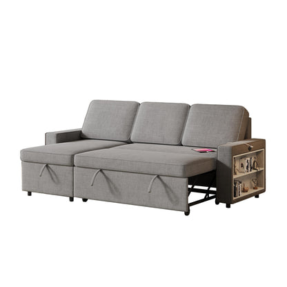 Grey 85.8'' Fabric L-Shaped Sleeper Sofa with Storage Chaise, USB Ports, Pull-Out Bed, and Storage Shelves