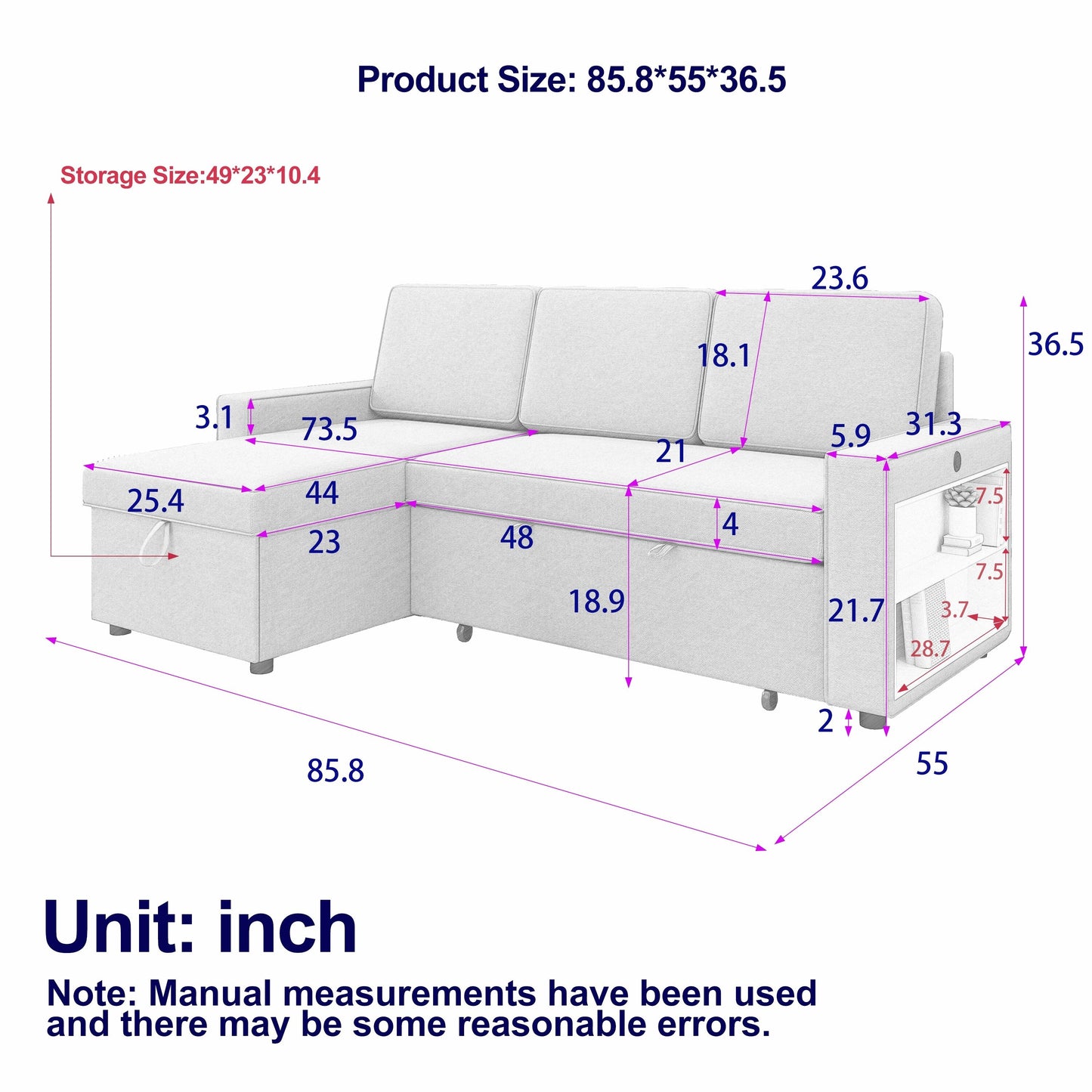 Grey 85.8'' Fabric L-Shaped Sleeper Sofa with Storage Chaise, USB Ports, Pull-Out Bed, and Storage Shelves
