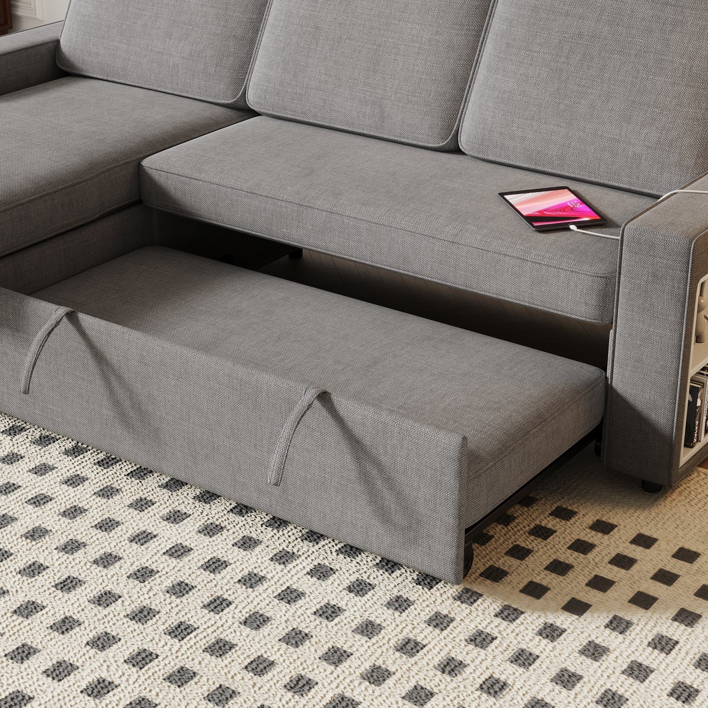 Grey 85.8'' Fabric L-Shaped Sleeper Sofa with Storage Chaise, USB Ports, Pull-Out Bed, and Storage Shelves