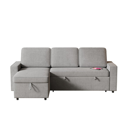 Grey 85.8'' Fabric L-Shaped Sleeper Sofa with Storage Chaise, USB Ports, Pull-Out Bed, and Storage Shelves