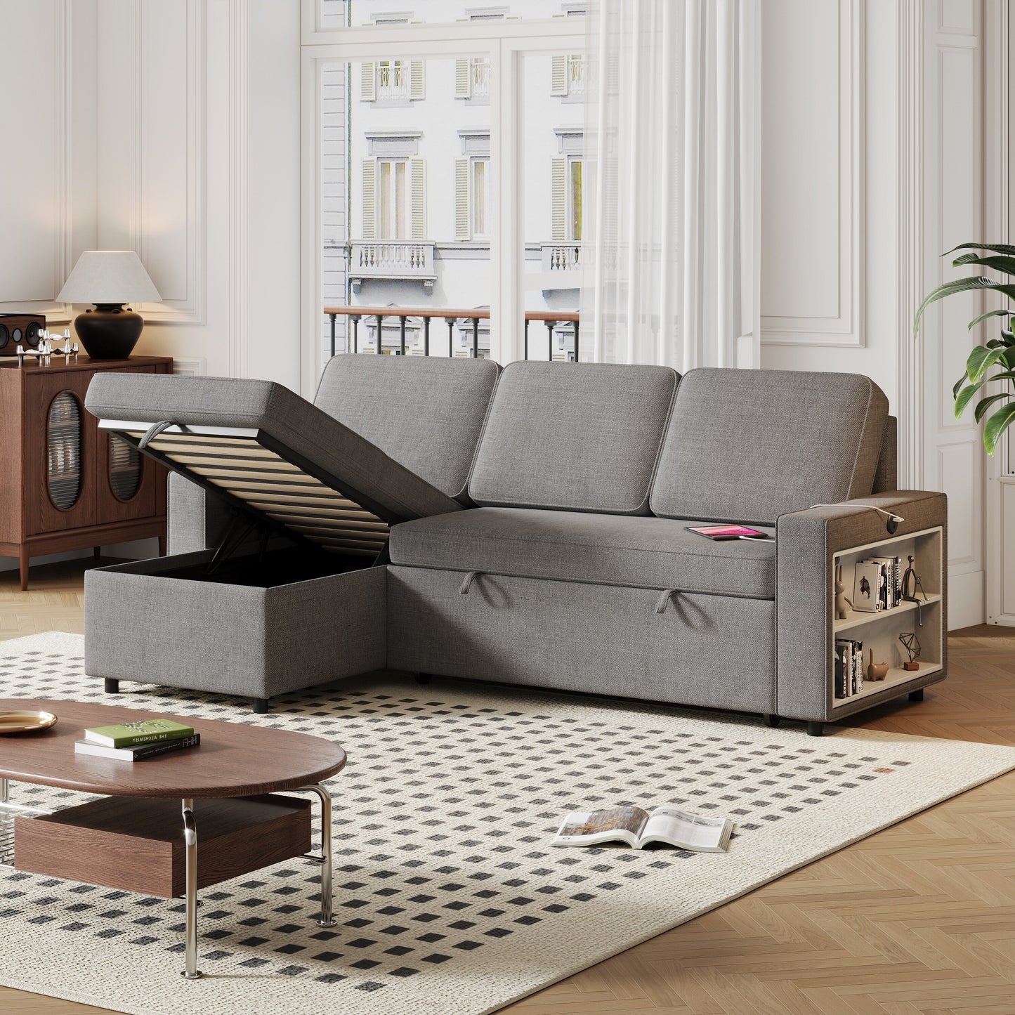 Grey 85.8'' Fabric L-Shaped Sleeper Sofa with Storage Chaise, USB Ports, Pull-Out Bed, and Storage Shelves