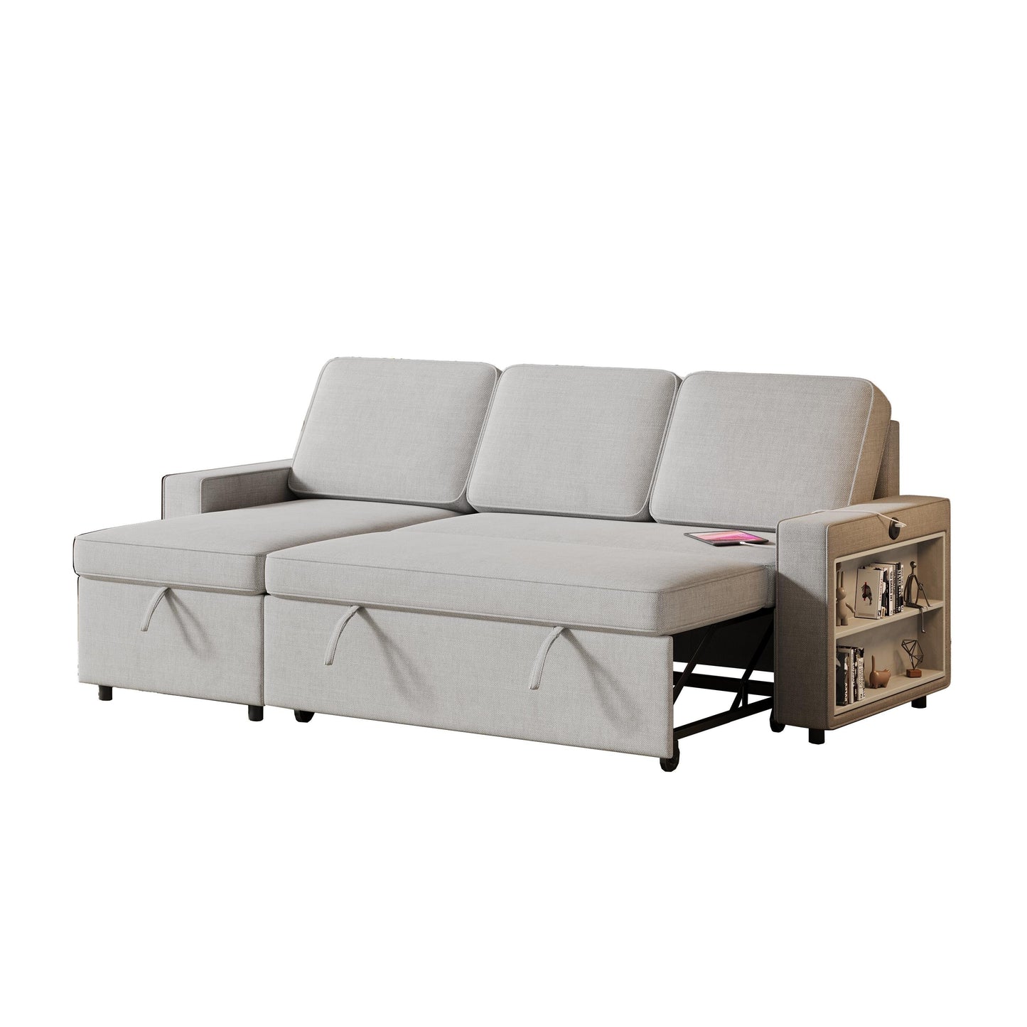 Grey 85.8'' L-Shaped Fabric 3-Seater Sleeper Sofa with Pull-Out Bed, Storage Chaise, USB Port, and Storage Racks