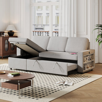 Grey 85.8'' L-Shaped Fabric 3-Seater Sleeper Sofa with Pull-Out Bed, Storage Chaise, USB Port, and Storage Racks
