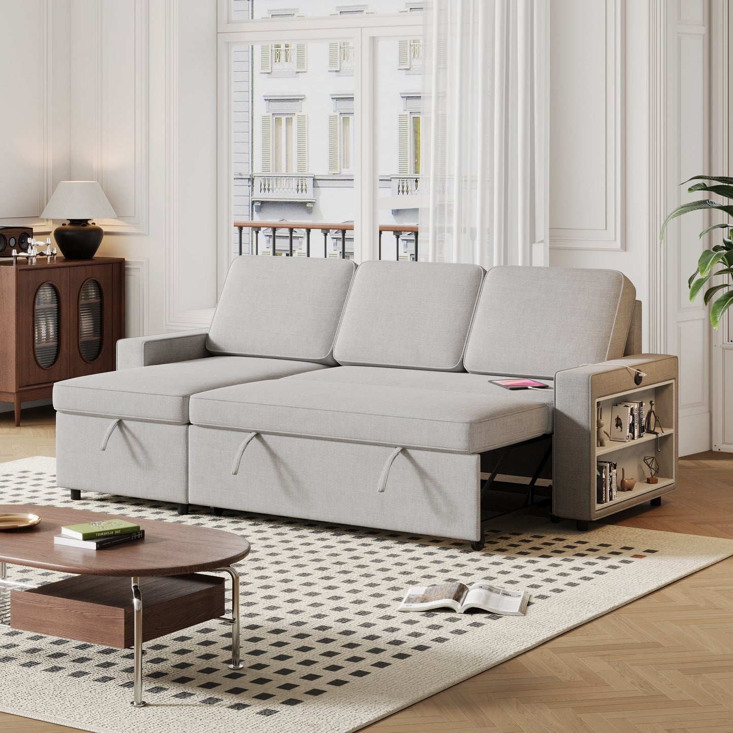 Grey 85.8'' L-Shaped Fabric 3-Seater Sleeper Sofa with Pull-Out Bed, Storage Chaise, USB Port, and Storage Racks