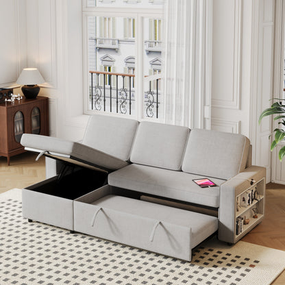 Grey 85.8'' L-Shaped Fabric 3-Seater Sleeper Sofa with Pull-Out Bed, Storage Chaise, USB Port, and Storage Racks