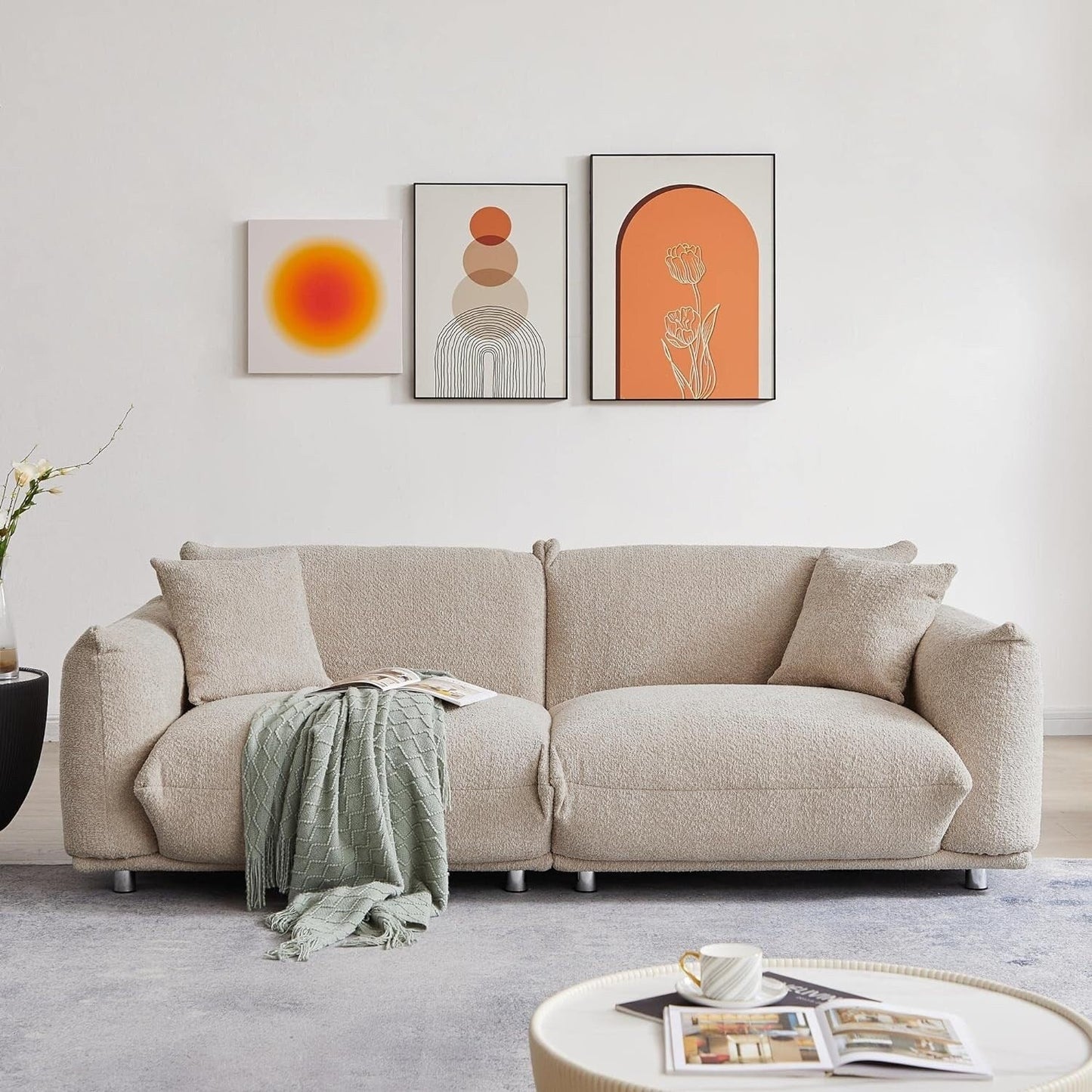 Grey 87'' Modern 3-Seater Lamb Wool Sofa with Plush Cushions, Solid Wood Frame, and Metal Legs