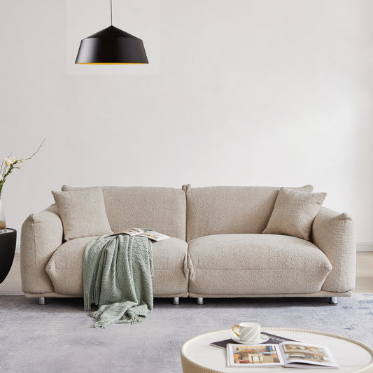 Grey 87'' Modern 3-Seater Lamb Wool Sofa with Plush Cushions, Solid Wood Frame, and Metal Legs