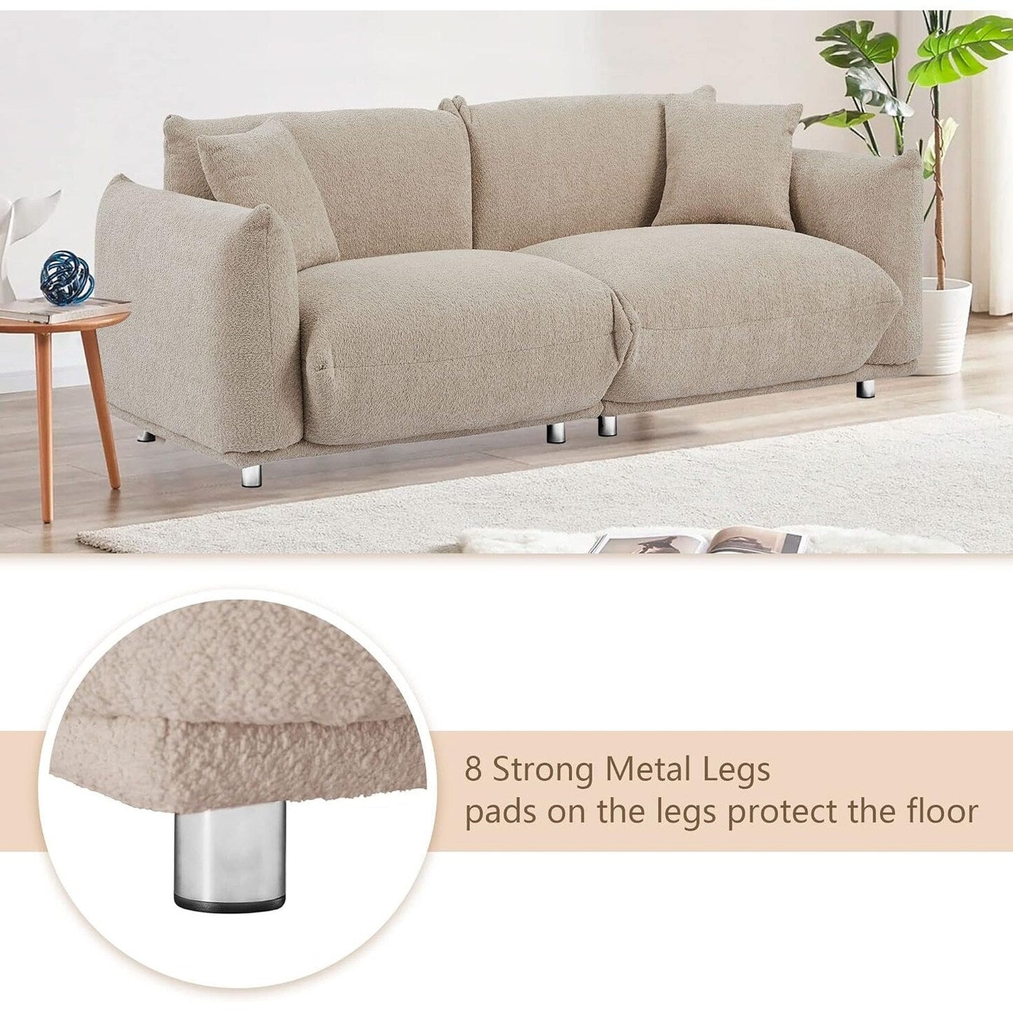 Grey 87'' Modern Lamb Wool 3-Seater Sofa with Plush Cushions, Solid Wood Frame, and Metal Legs