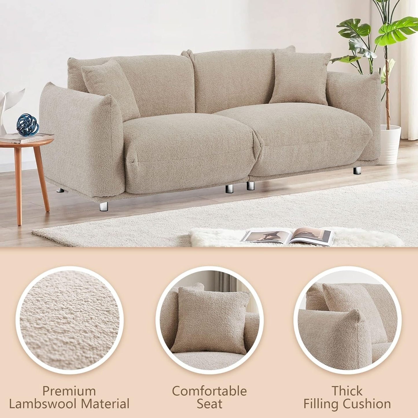 Grey 87'' Modern Lamb Wool 3-Seater Sofa with Plush Cushions, Solid Wood Frame, and Metal Legs