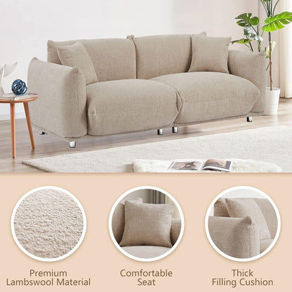 Grey 87'' Modern Lamb Wool 3-Seater Sofa with Plush Cushions, Solid Wood Frame, and Metal Legs