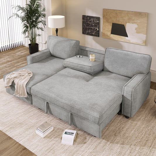 Grey 89'' L-Shaped 3-Seater Polyester Sleeper Sofa with Pull-Out Bed, Storage Chaise, USB Ports, and Cup Holders