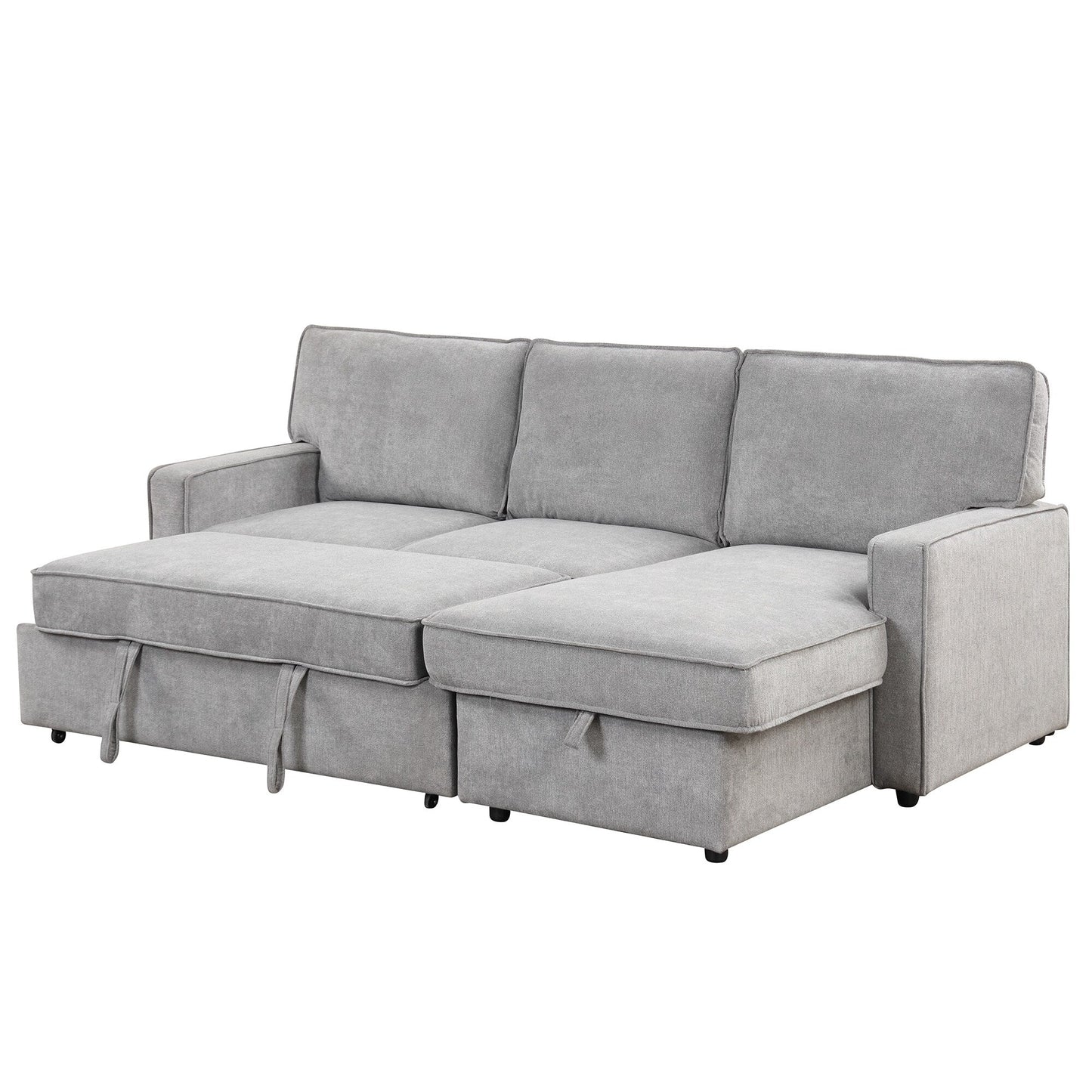 Grey 89'' Polyester Sleeper Sofa Couch, 3-Seater with Pull-Out Bed, USB Charging, Storage Ottoman, and Built-In Cup Holders