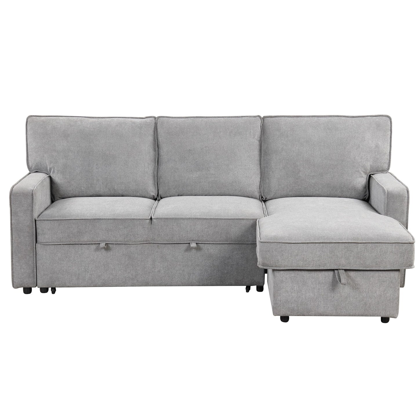 Grey 89'' Polyester Sleeper Sofa Couch, 3-Seater with Pull-Out Bed, USB Charging, Storage Ottoman, and Built-In Cup Holders