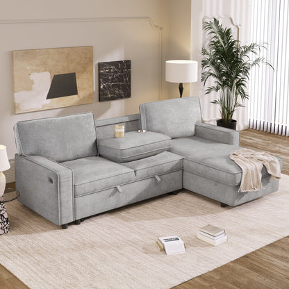 Grey 89'' Polyester Sleeper Sofa Couch, 3-Seater with Pull-Out Bed, USB Charging, Storage Ottoman, and Built-In Cup Holders