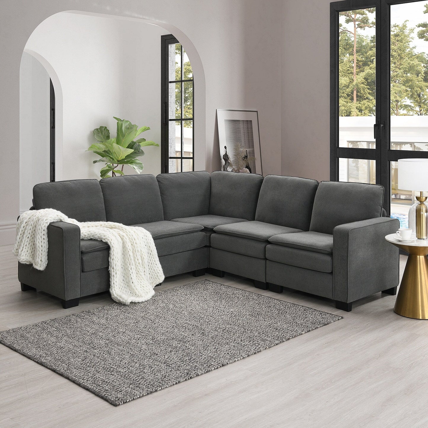 Grey 89'' Velvet L-Shaped 5-Seater Sectional Sofa with Double Cushions, Sturdy Wood and Iron Frame