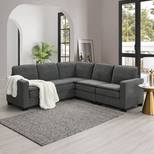Grey 89'' Velvet L-Shaped 5-Seater Sectional Sofa with Double Cushions, Sturdy Wood and Iron Frame