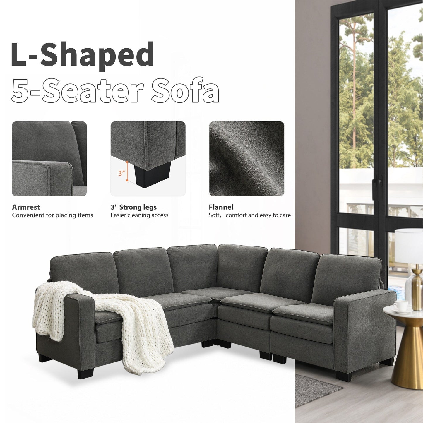 Grey 89'' Velvet L-Shaped 5-Seater Sectional Sofa with Double Cushions, Sturdy Wood and Iron Frame