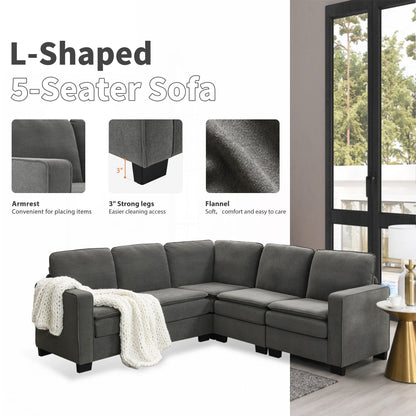Grey 89'' Velvet L-Shaped 5-Seater Sectional Sofa with Double Cushions, Sturdy Wood and Iron Frame