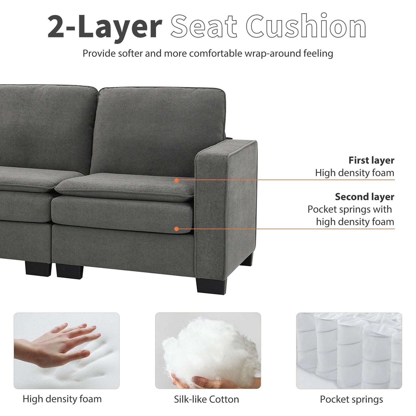 Grey 89'' Velvet L-Shaped 5-Seater Sectional Sofa with Double Cushions, Sturdy Wood and Iron Frame